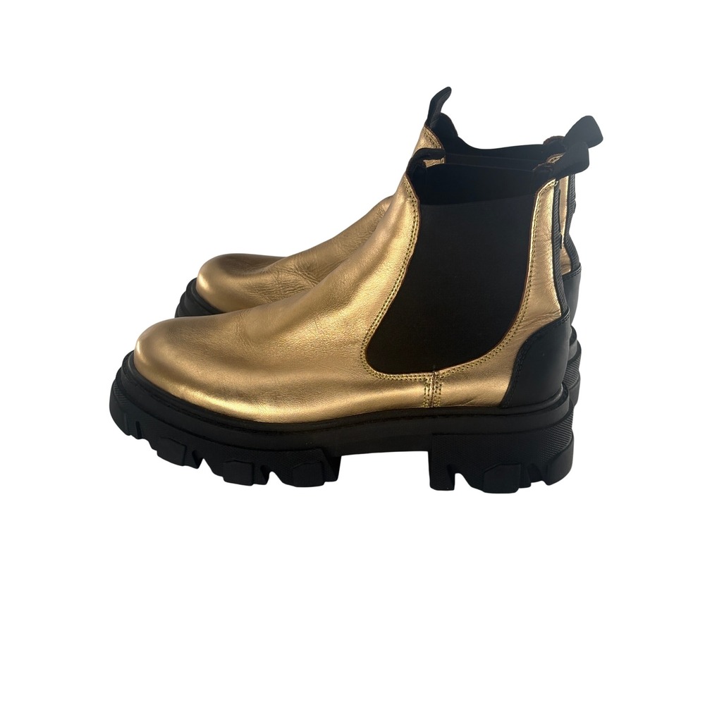 Ganni Chelsea Boots Lug Metallic Gold Black Leather Women Size 10 / 50